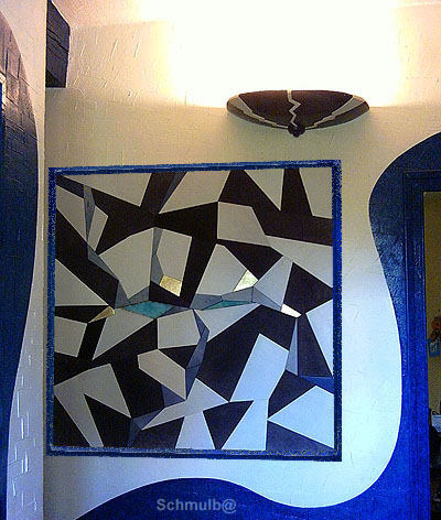 Tableau patchwork gain� en cuir et vasque en platre