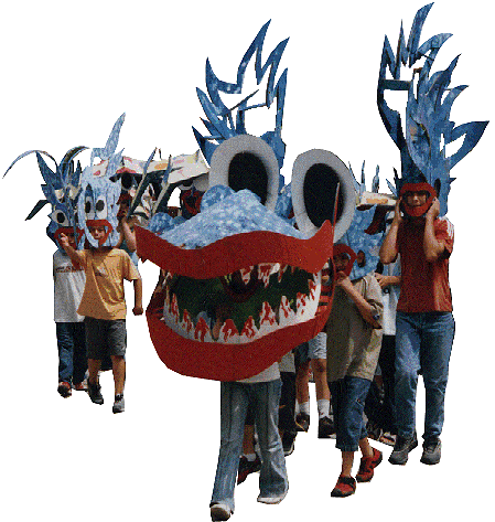 Defilé du dragon bleu en carton.